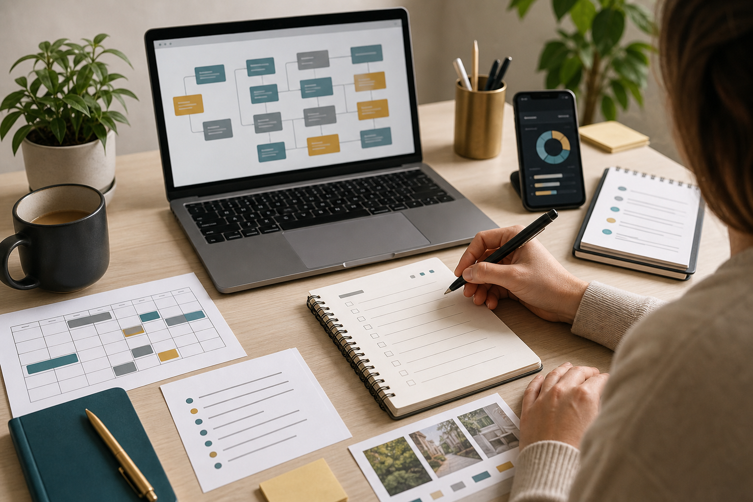 A practical AI workflow plan arranged on a desk with a laptop and notes.