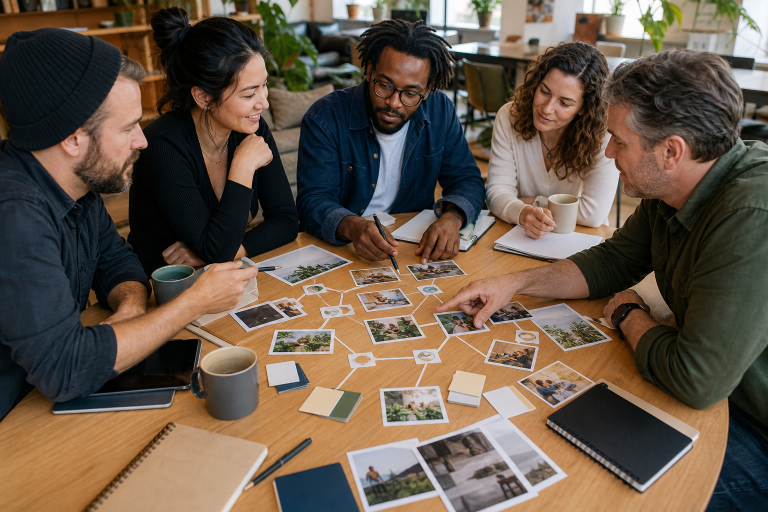 Independent workers planning referrals and cooperative projects at a community table.